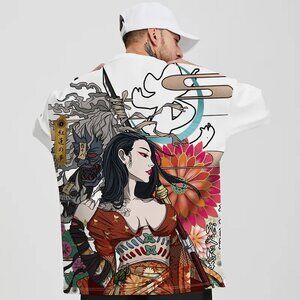 Mulan Samurai Geisha Tattoo Graphic Art Floral Japan White T-Shirt Men’s Size M